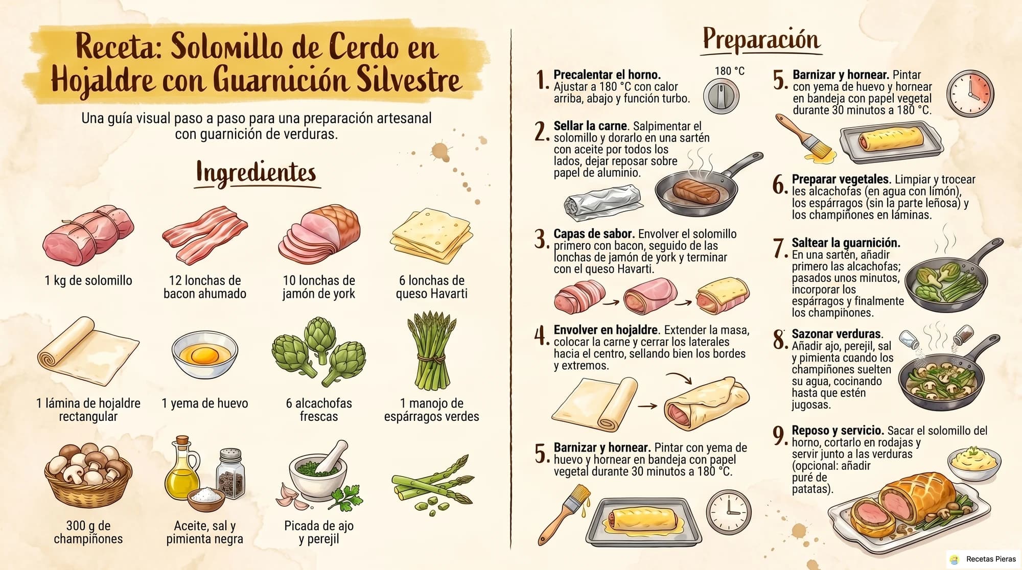 Infografía con los ingredientes y la preparación de Solomillo de cerdo en hojaldre