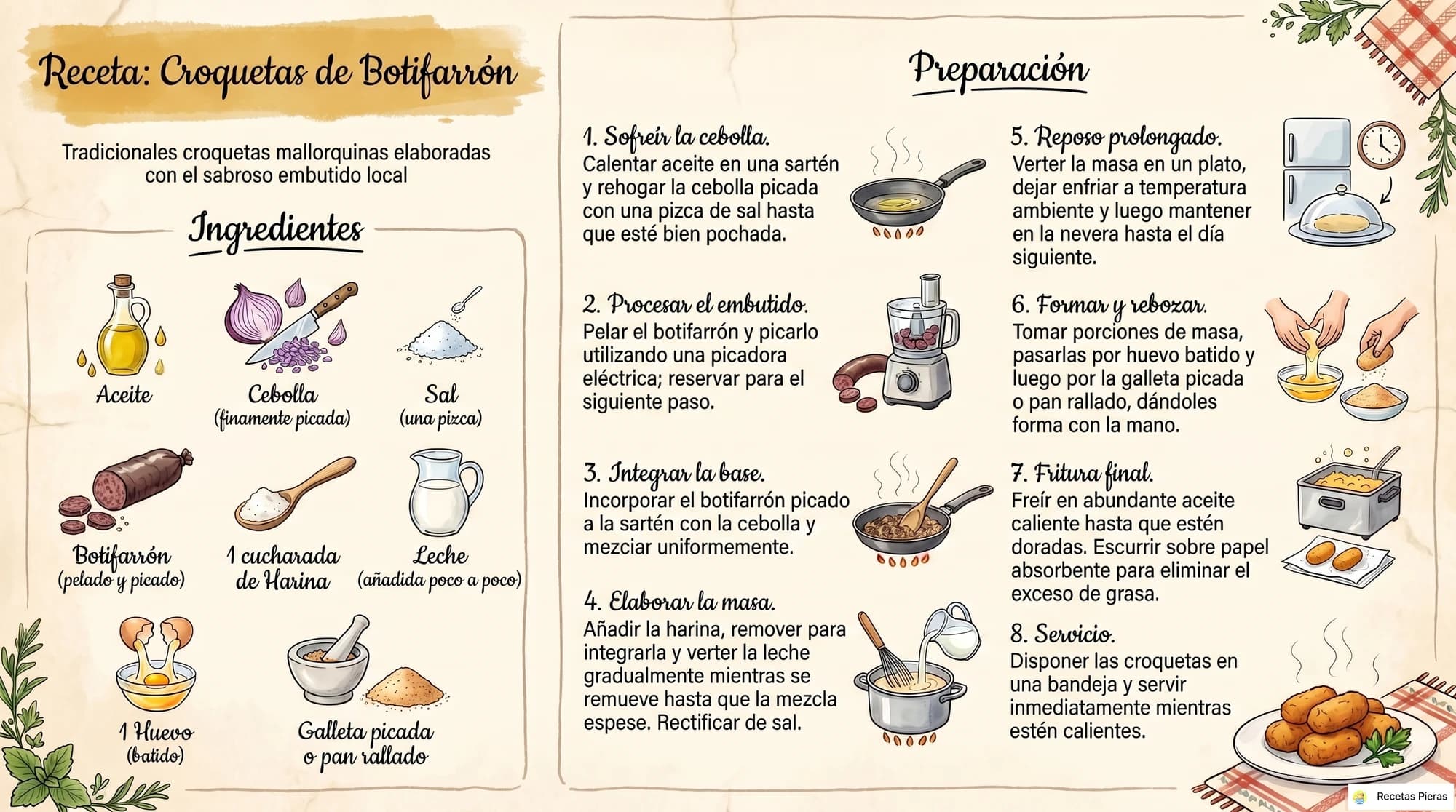 Infografía con los ingredientes y la preparación de Croquetas de botifarrón