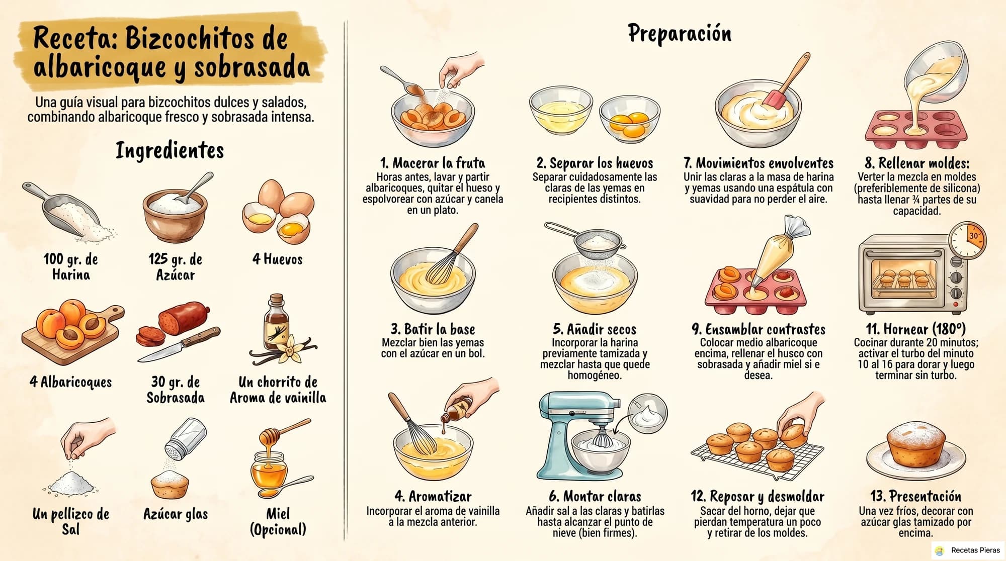 Infografía con los ingredientes y la preparación de Bizcochitos de albaricoque y sobrasada