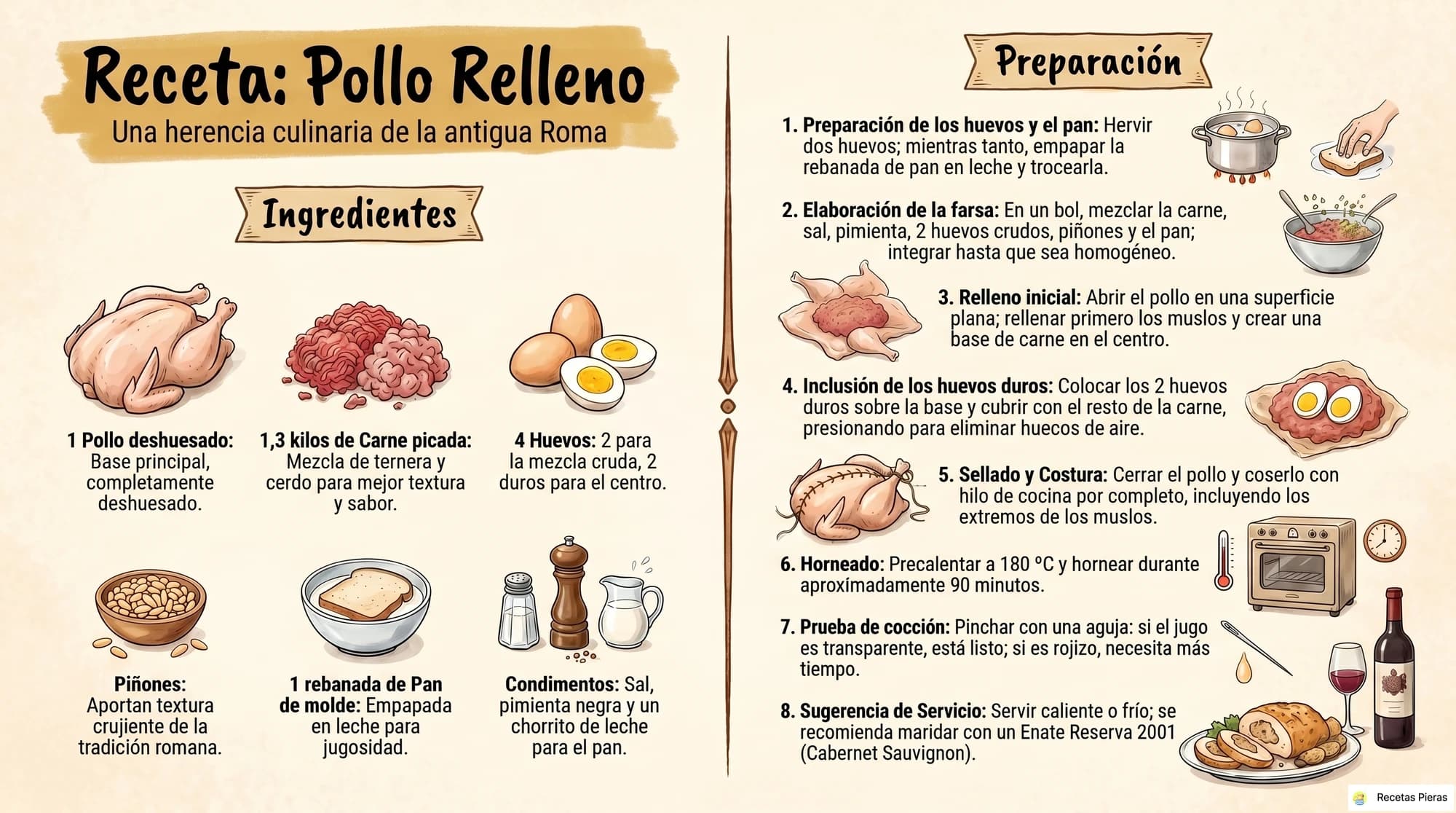 Infografía con los ingredientes y la preparación de Pollo relleno