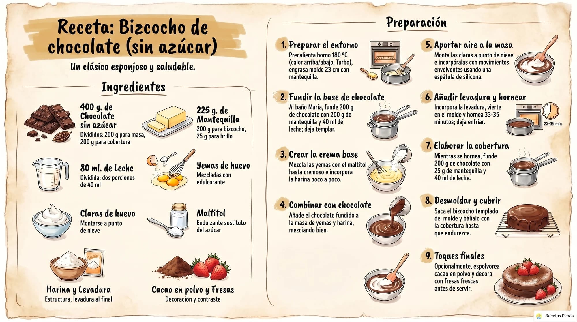 Infografía con los ingredientes y la preparación de Bizcocho de chocolate (sin azúcar)