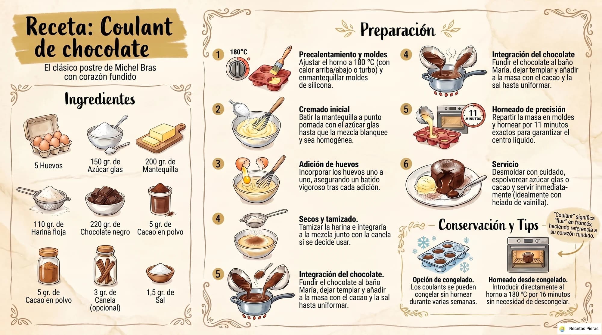 Infografía con los ingredientes y la preparación de Coulant de chocolate