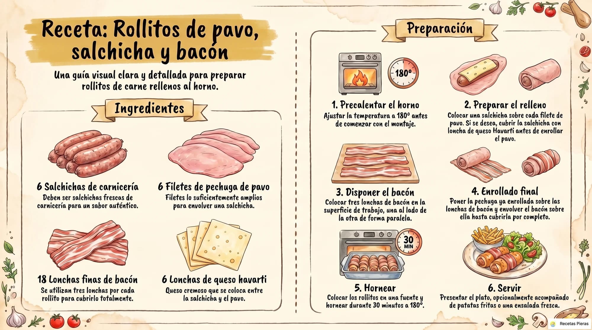 Infografía con los ingredientes y la preparación de Rollitos de pavo, salchicha y bacón