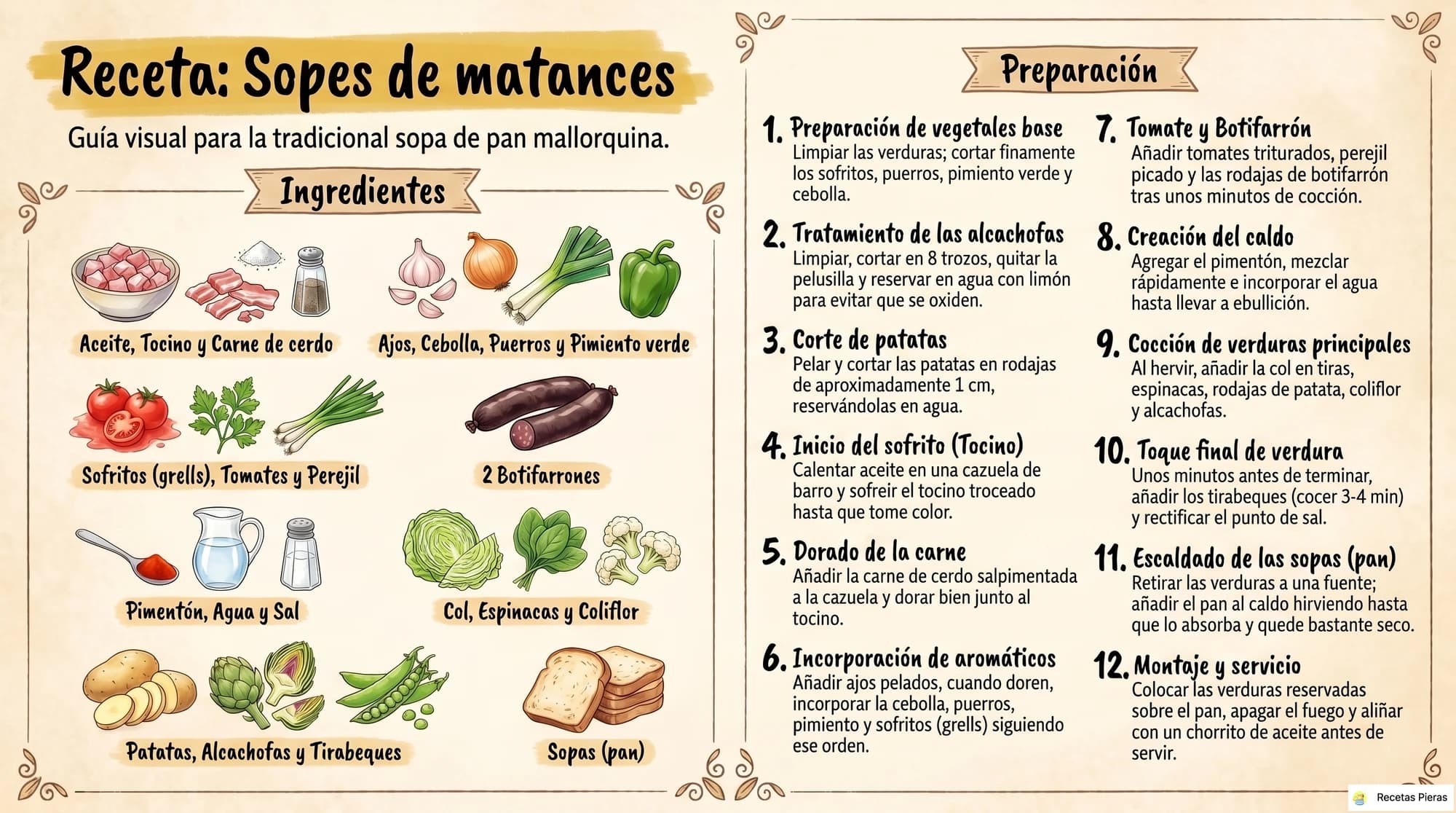 Infografía con los ingredientes y la preparación de Sopes de matances