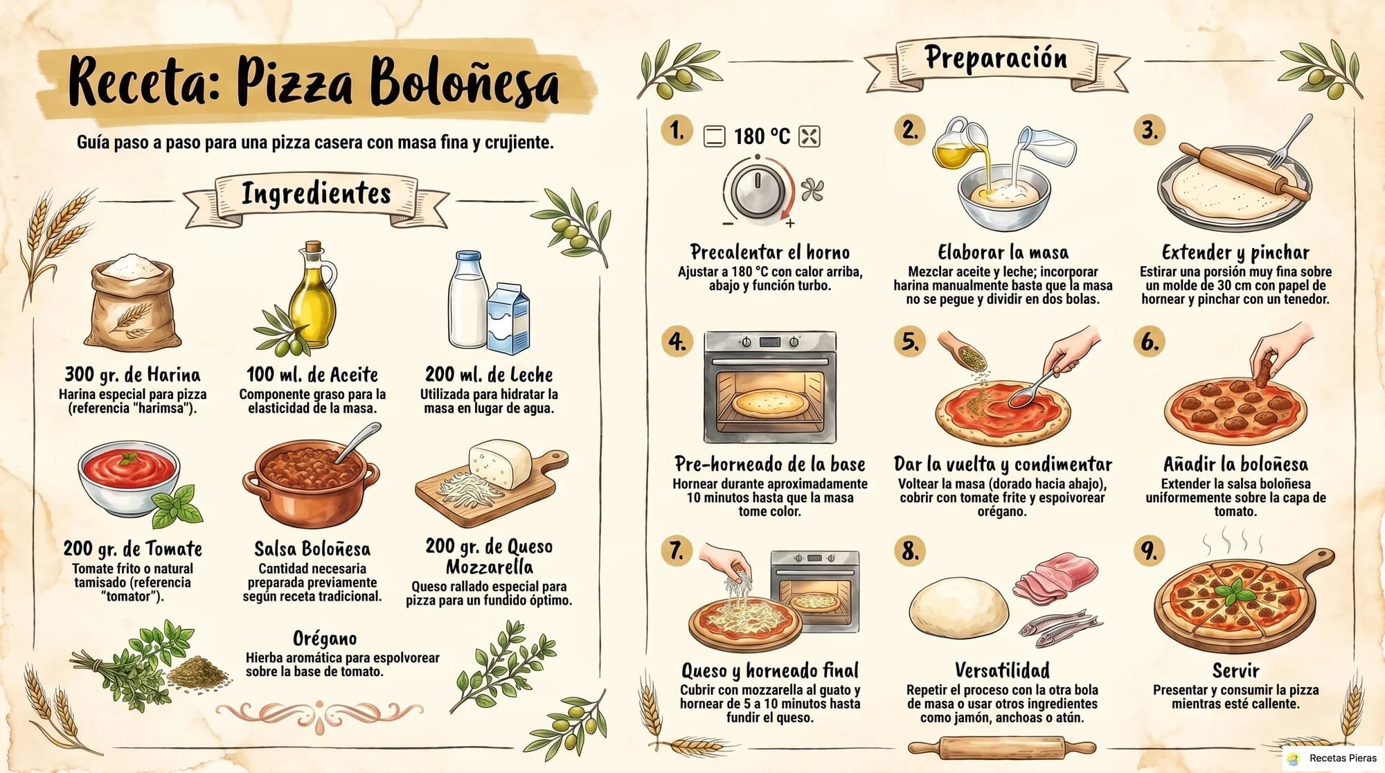 Infografía con los ingredientes y la preparación de Pizza boloñesa