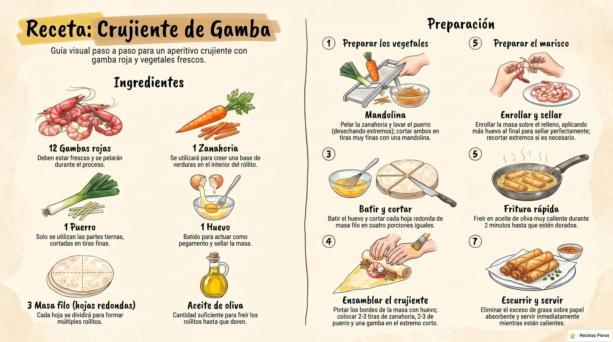 Infografía con los ingredientes y la preparación de Crujiente de gamba