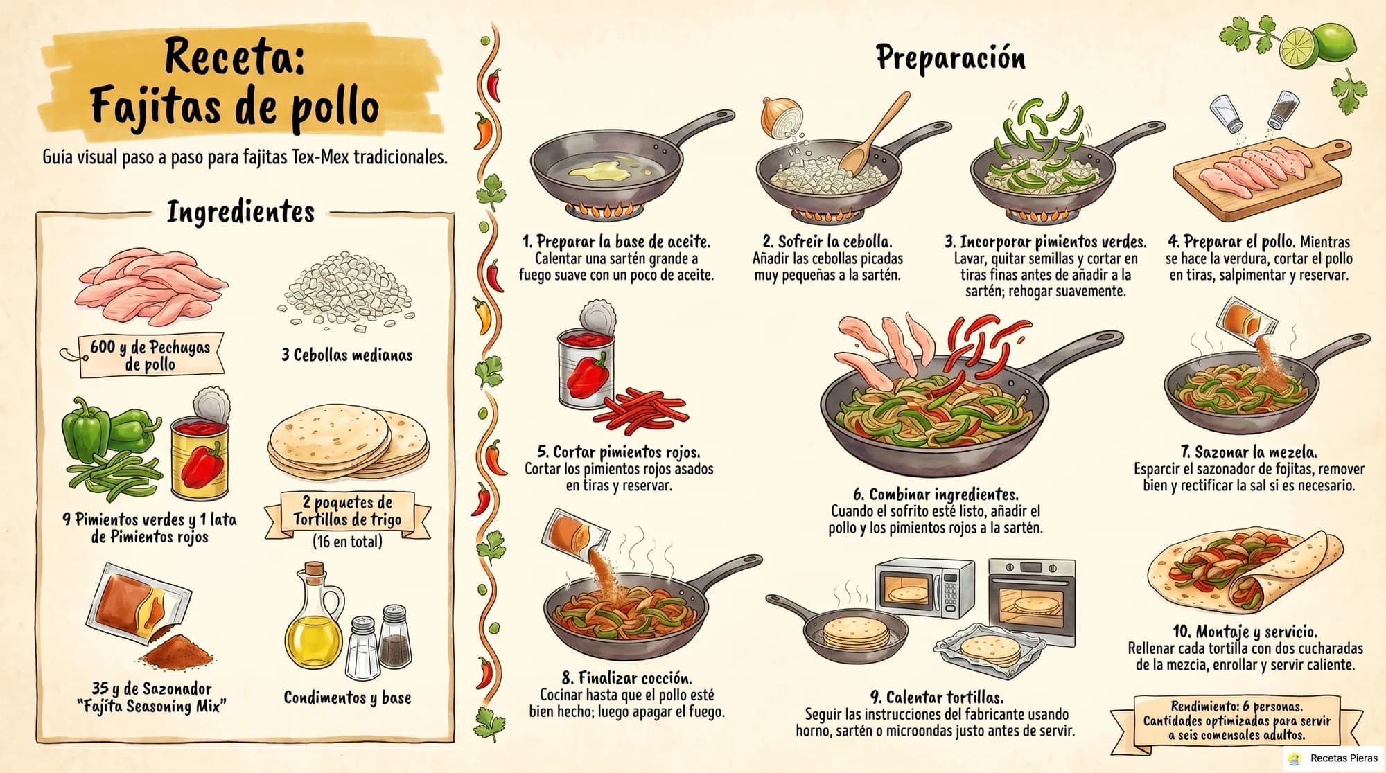 Infografía con los ingredientes y la preparación de Fajitas de pollo (ii)