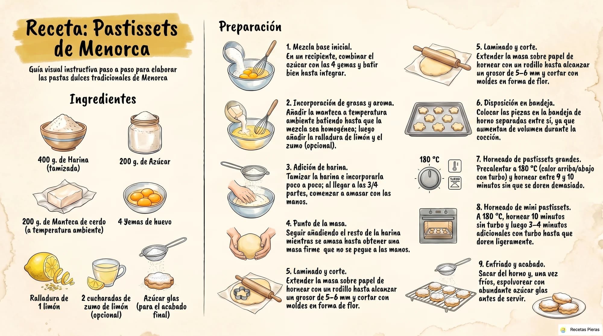 Infografía con los ingredientes y la preparación de Pastissets de menorca