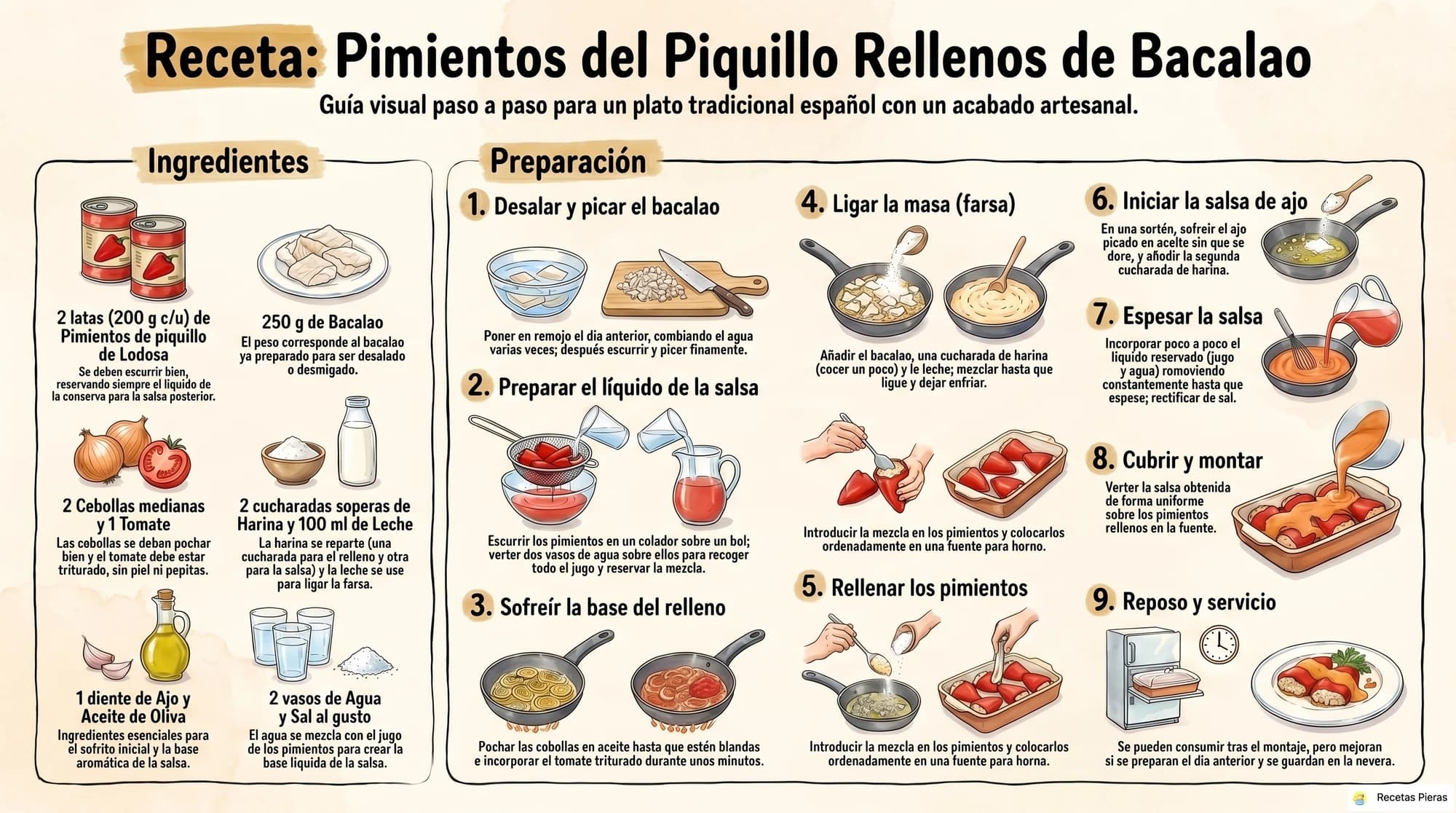Infografía con los ingredientes y la preparación de Pimientos del piquillo rellenos de bacalao