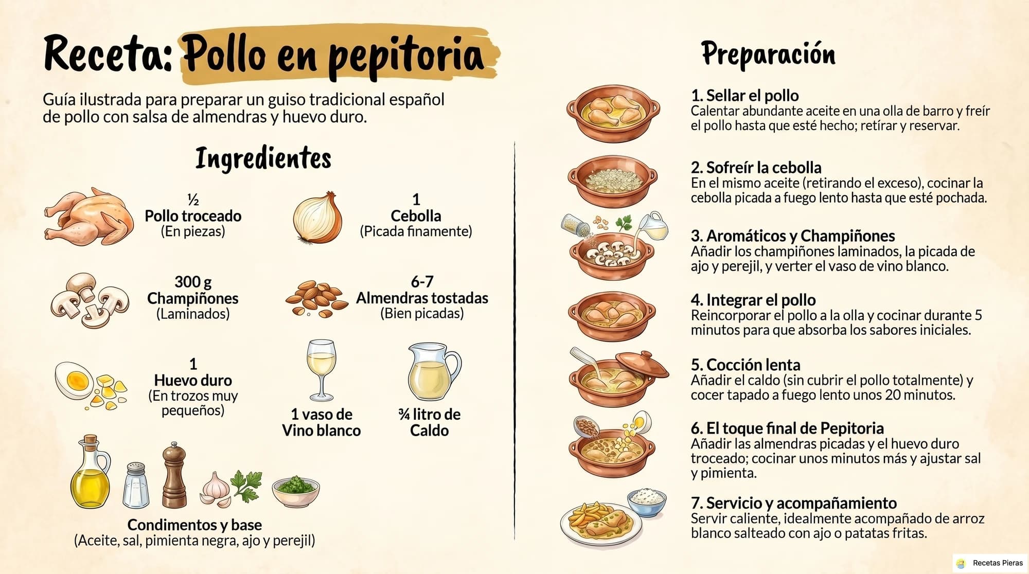 Infografía con los ingredientes y la preparación de Pollo en pepitoria