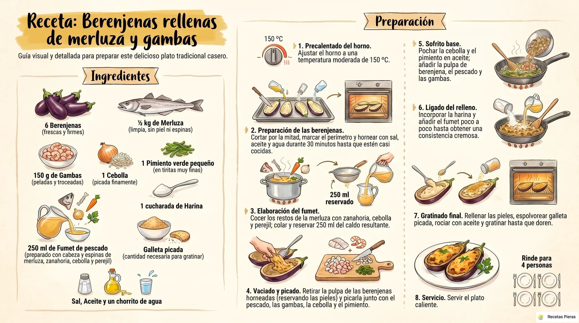 Infografía con los ingredientes y la preparación de Berenjenas rellenas de merluza y gambas