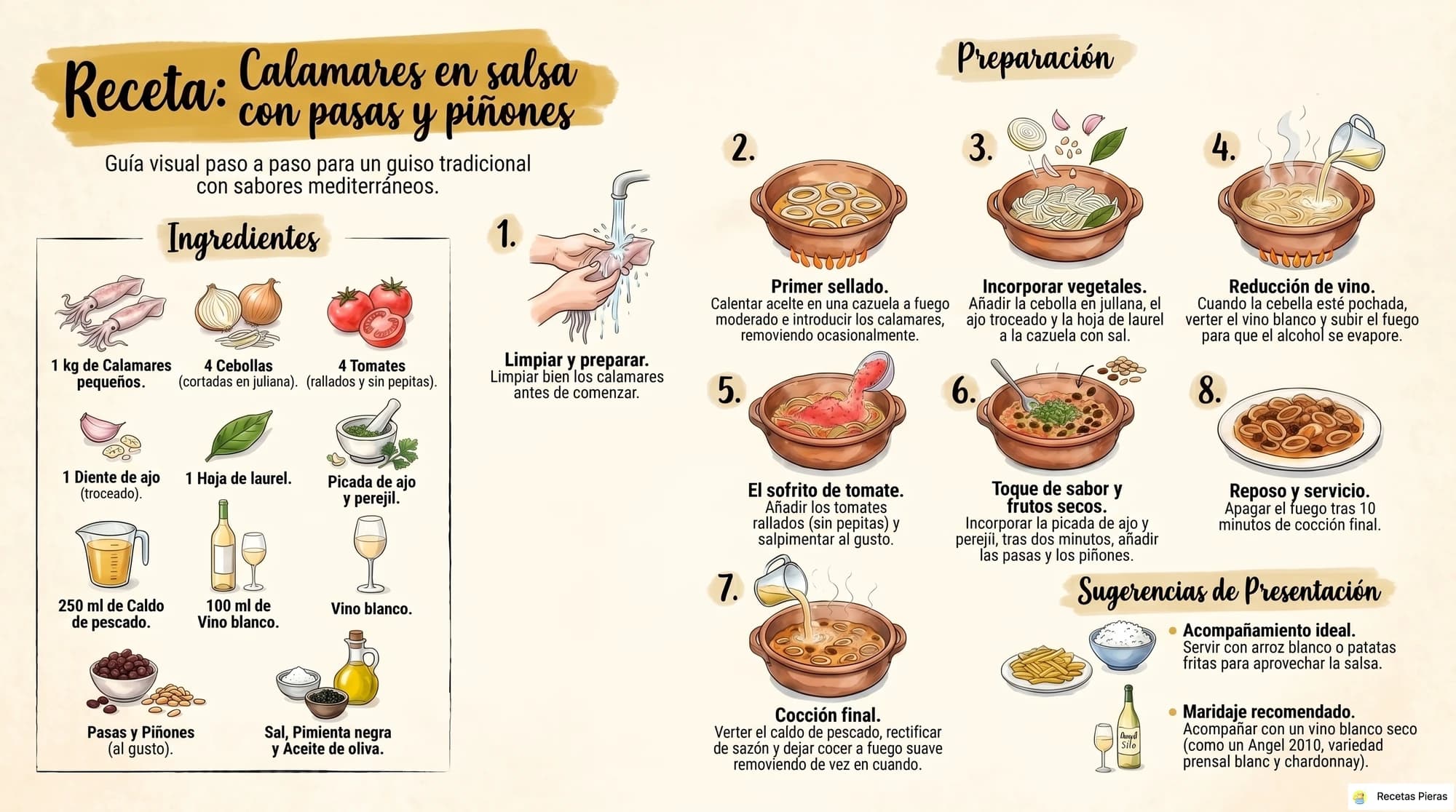 Infografía con los ingredientes y la preparación de Calamares en salsa