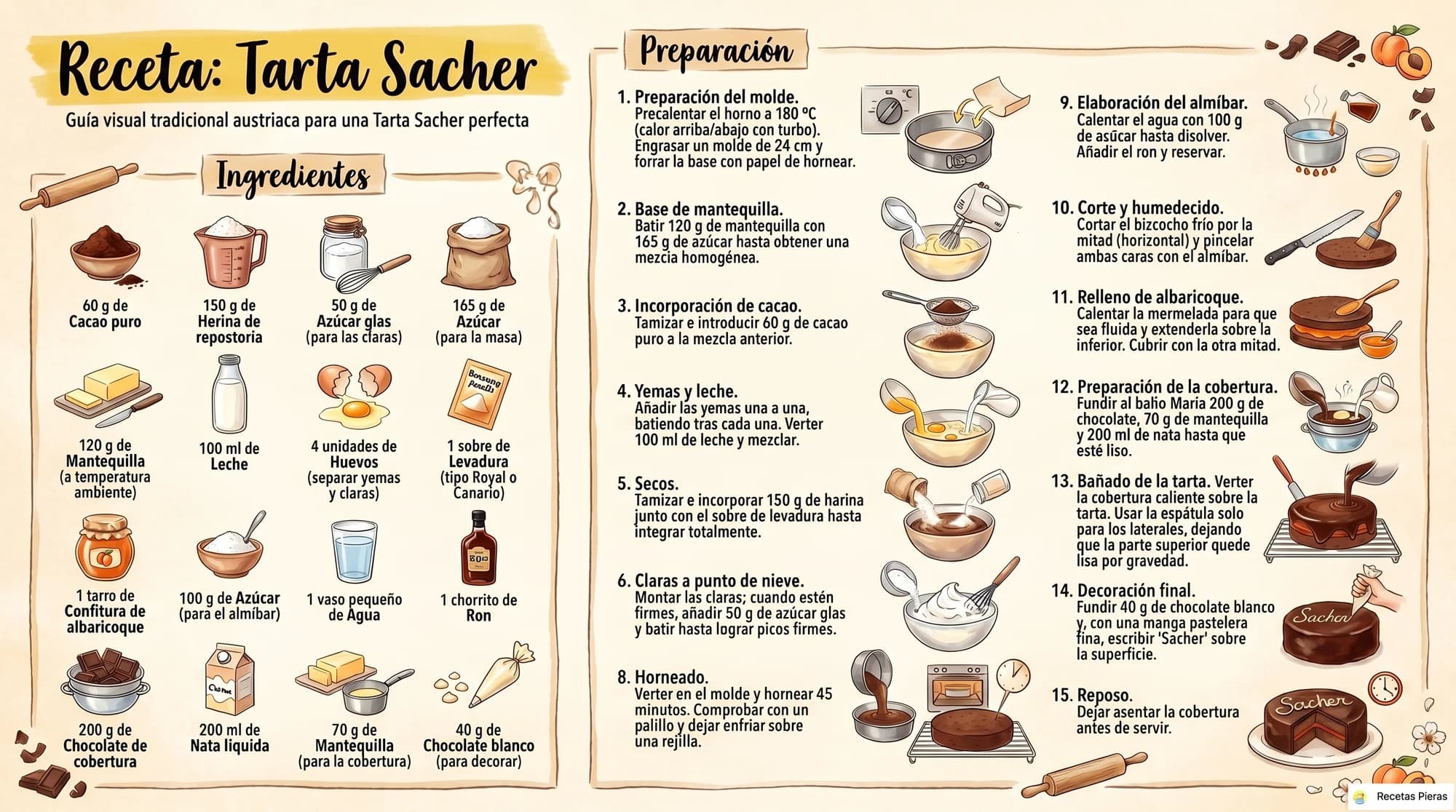 Infografía con los ingredientes y la preparación de Tarta sacher