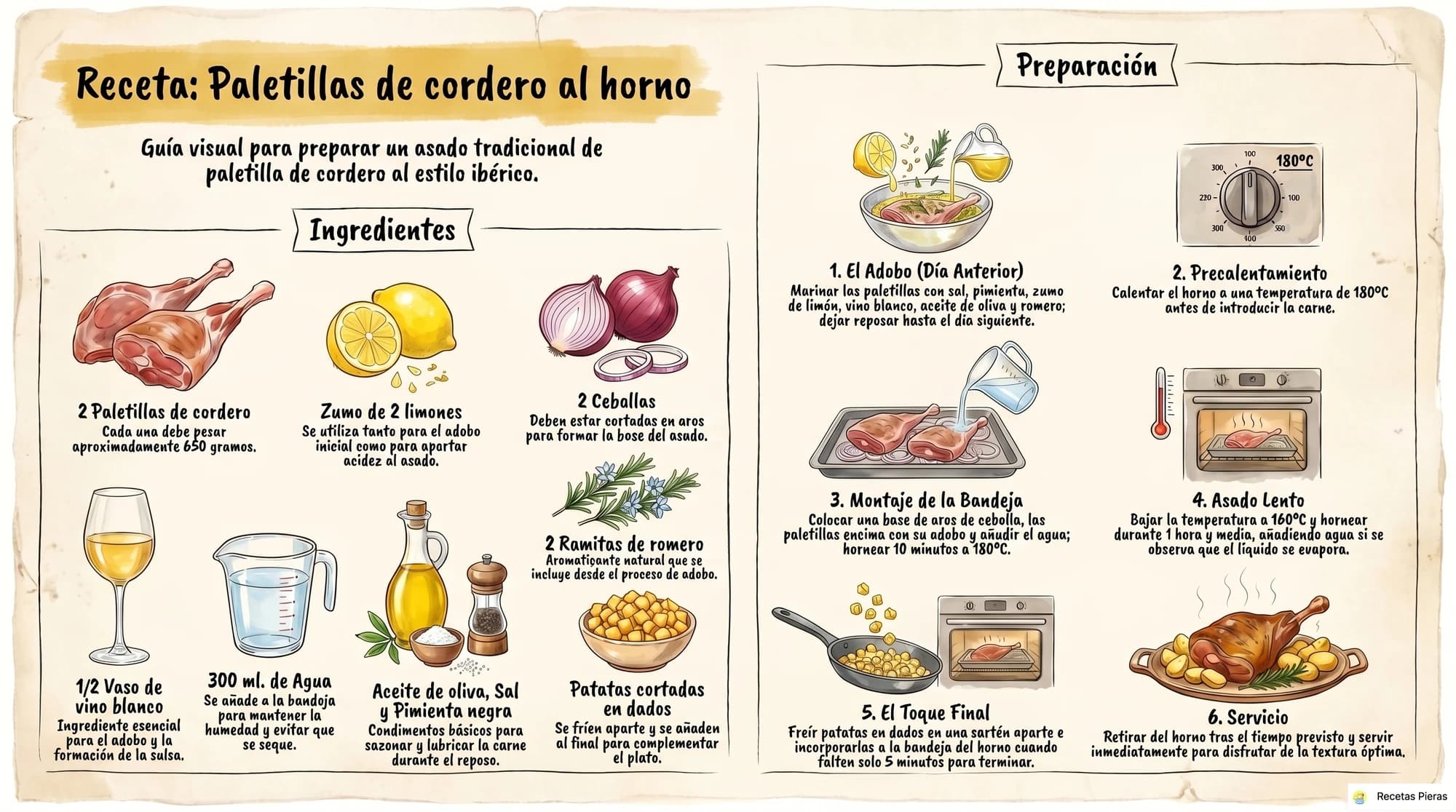 Infografía con los ingredientes y la preparación de Paletillas de cordero al horno