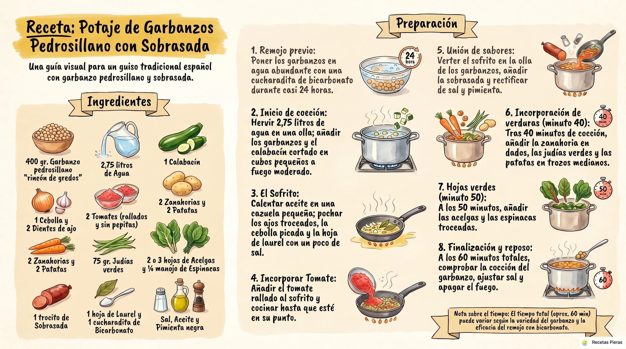 Infografía con los ingredientes y la preparación de Potaje de garbanzos