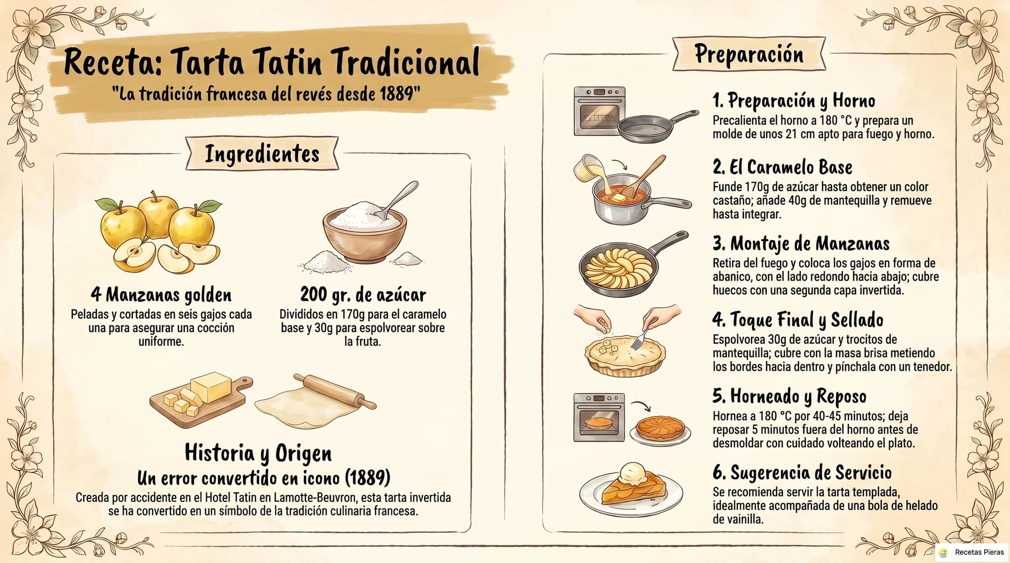 Infografía con los ingredientes y la preparación de Tarta tatín
