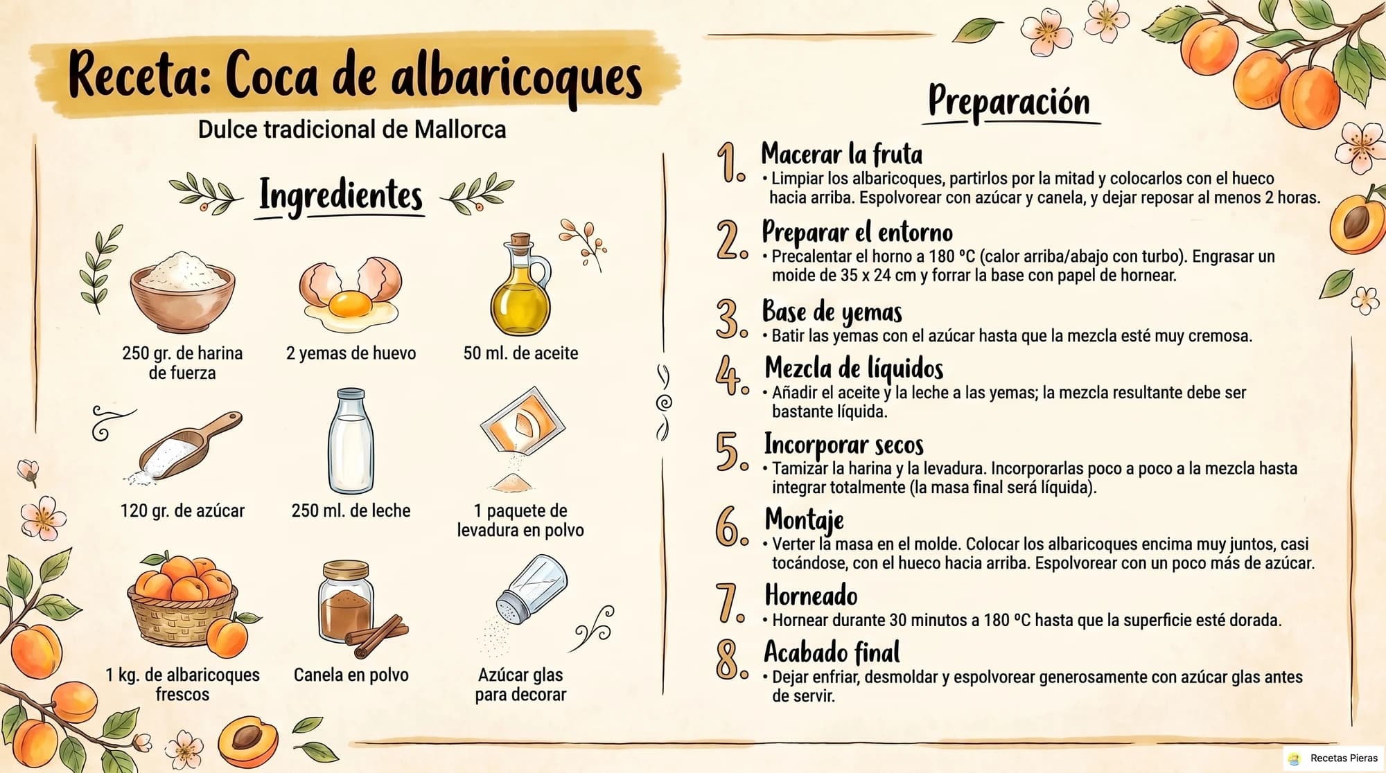 Infografía con los ingredientes y la preparación de Coca de albaricoques (iii)