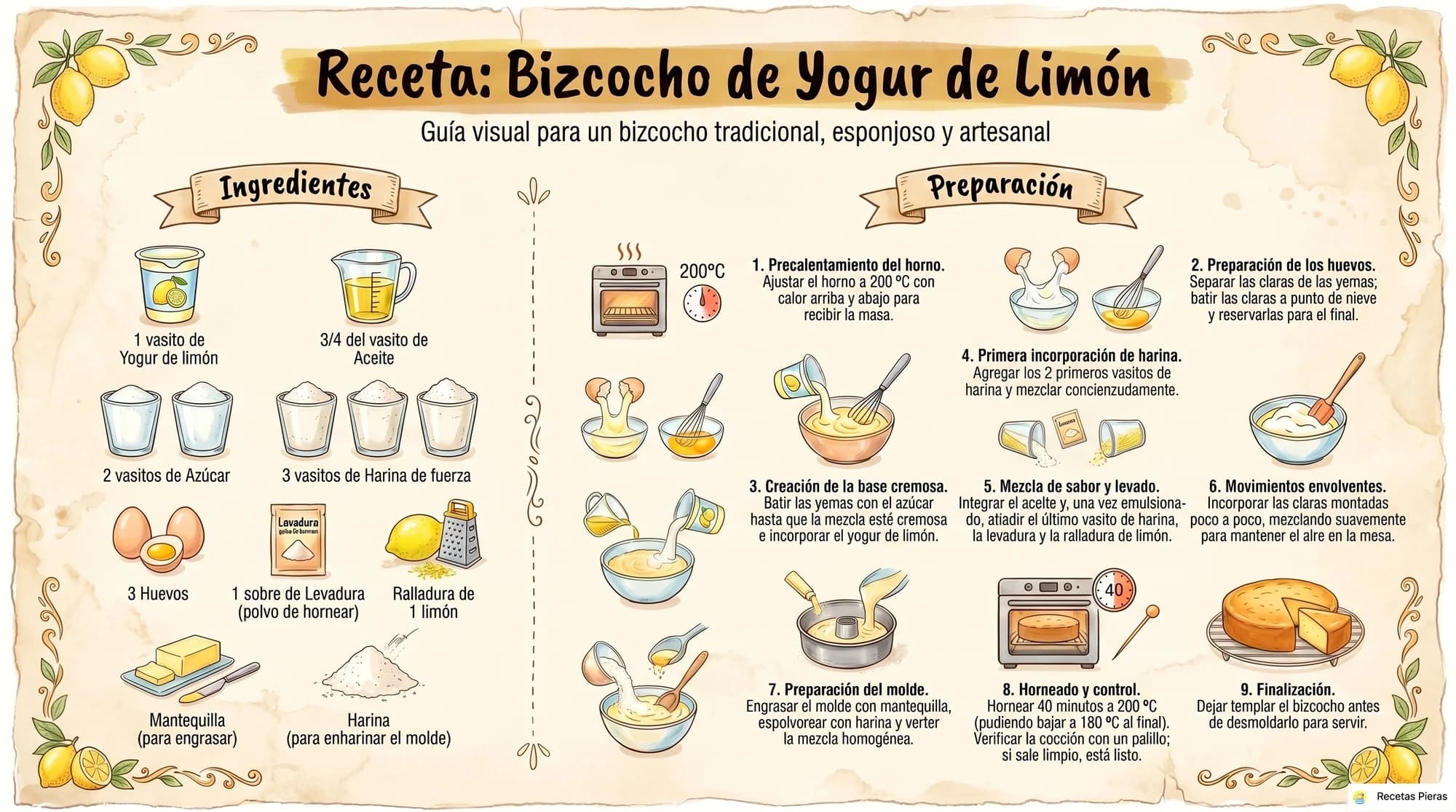 Infografía con los ingredientes y la preparación de Bizcocho de yogur de limón