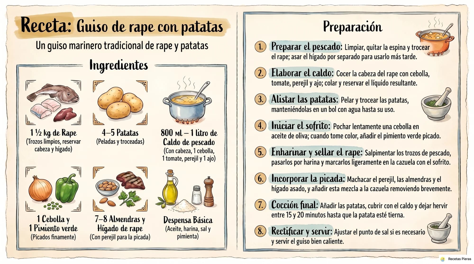 Infografía con los ingredientes y la preparación de Guiso de rape con patatas