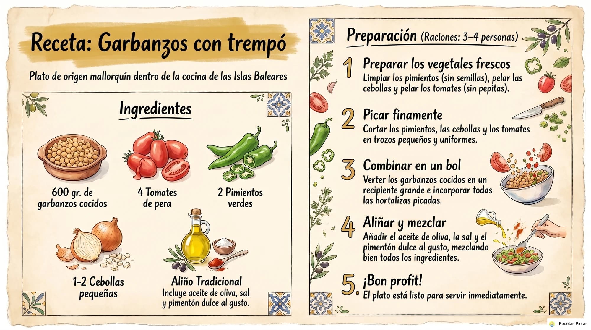 Infografía con los ingredientes y la preparación de Garbanzos con trempó
