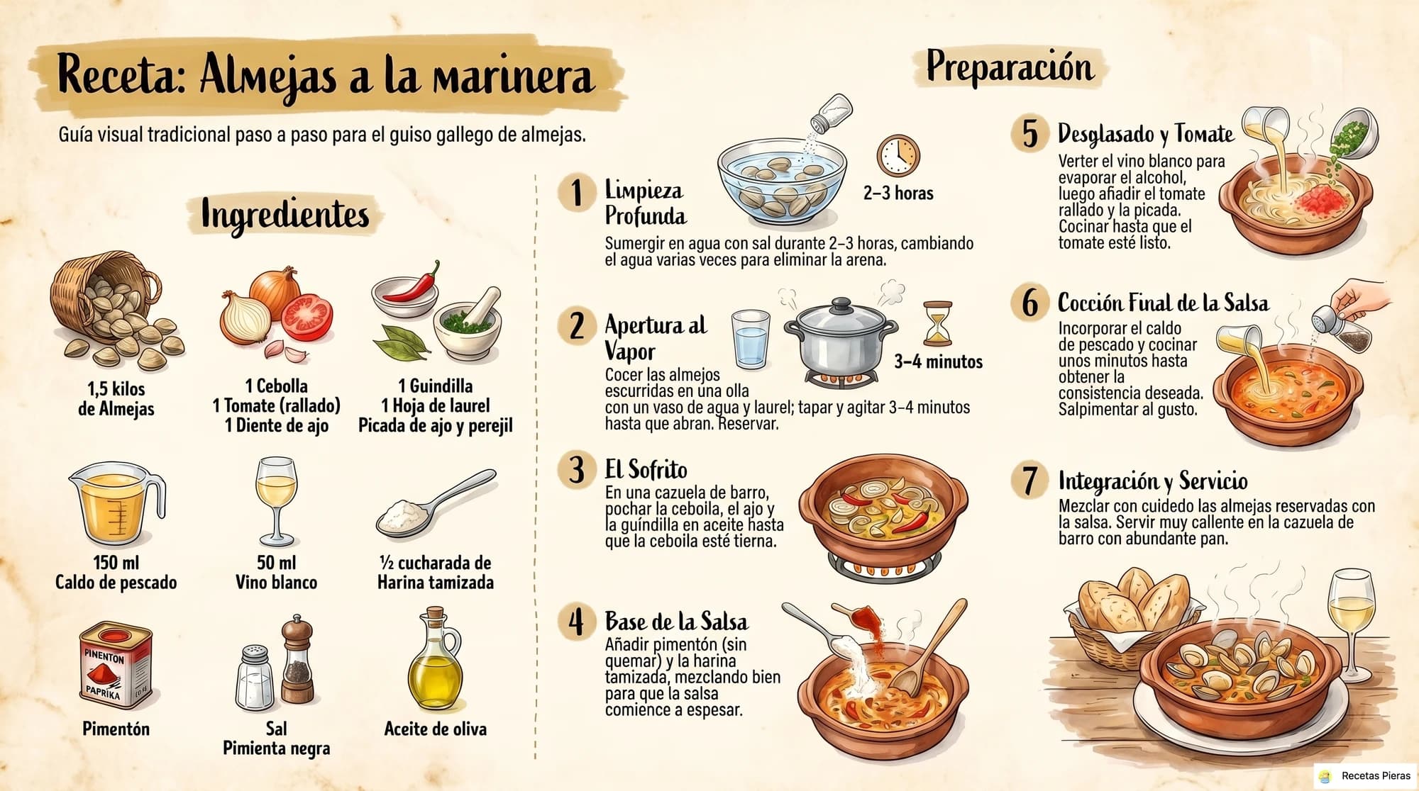 Infografía con los ingredientes y la preparación de Almejas a la marinera
