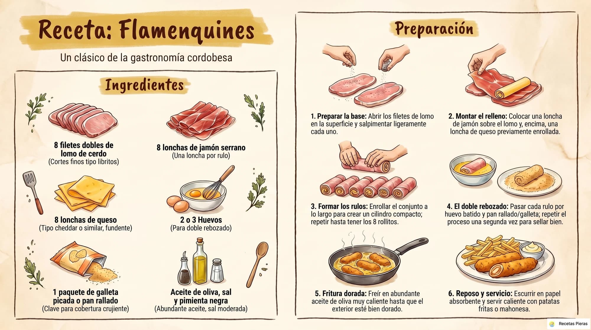 Infografía con los ingredientes y la preparación de Flamenquines