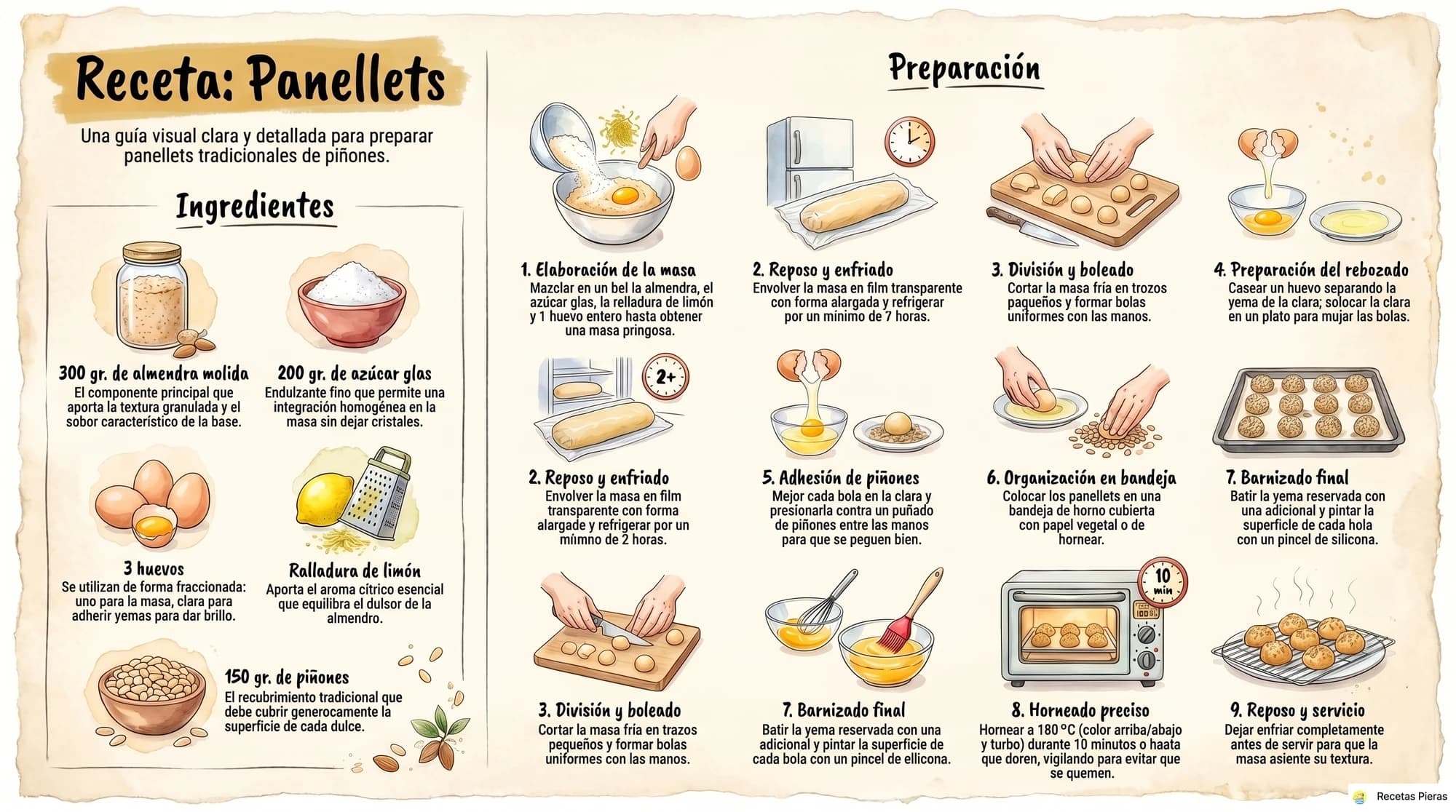 Infografía con los ingredientes y la preparación de Panellets