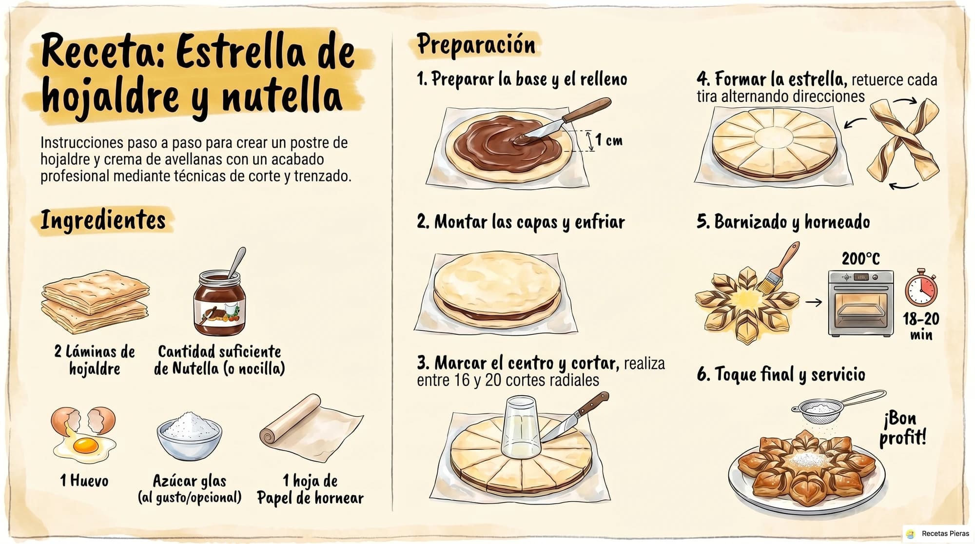 Infografía con los ingredientes y la preparación de Estrella de hojaldre y nutella