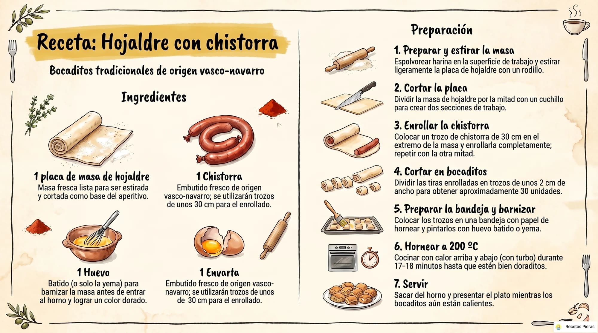 Infografía con los ingredientes y la preparación de Hojaldre con chistorra