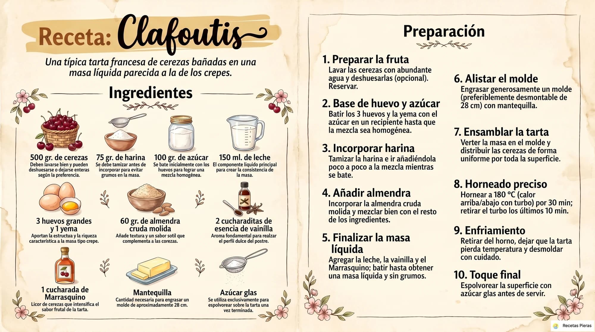 Infografía con los ingredientes y la preparación de Clafoutis