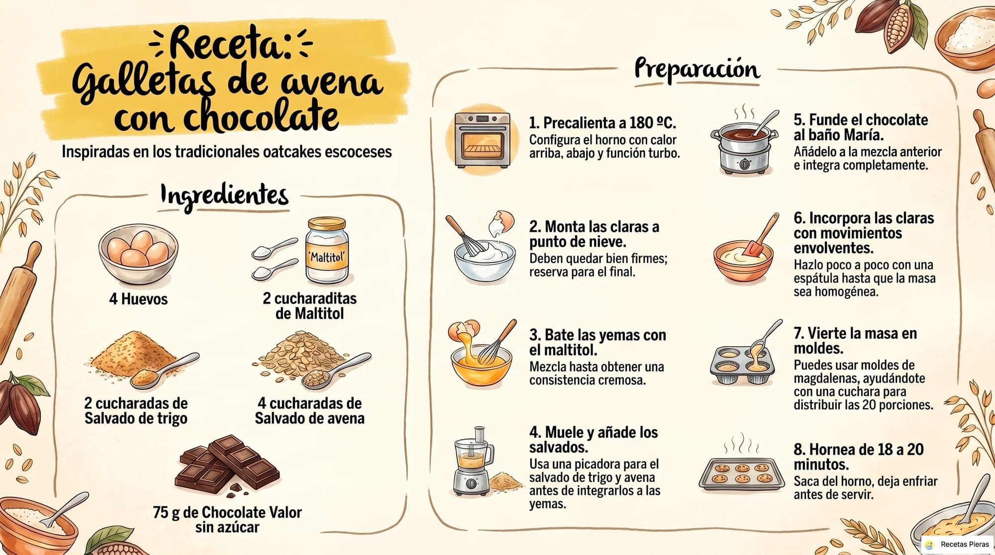 Infografía con los ingredientes y la preparación de Galletas de avena con chocolate (recomendadas para dietas de adelgazamiento)