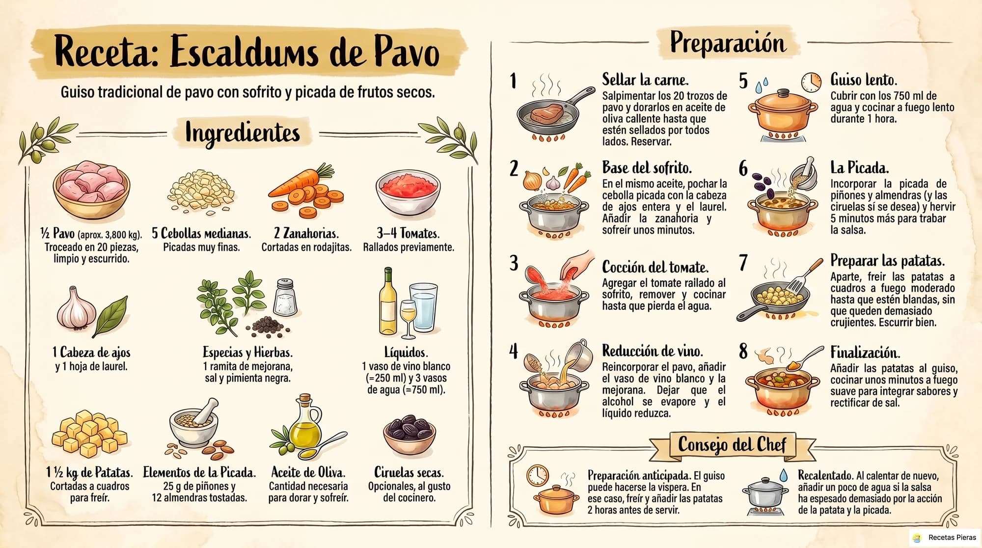 Infografía con los ingredientes y la preparación de Escaldums de pavo