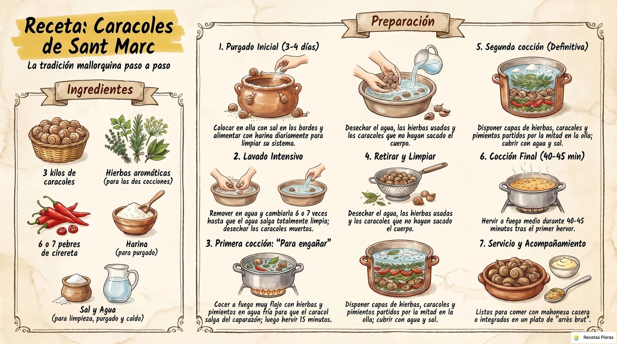 Infografía con los ingredientes y la preparación de Caracoles