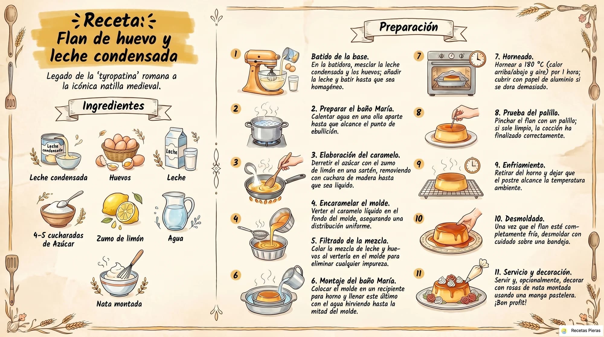 Infografía con los ingredientes y la preparación de Flan de huevo y leche condensada