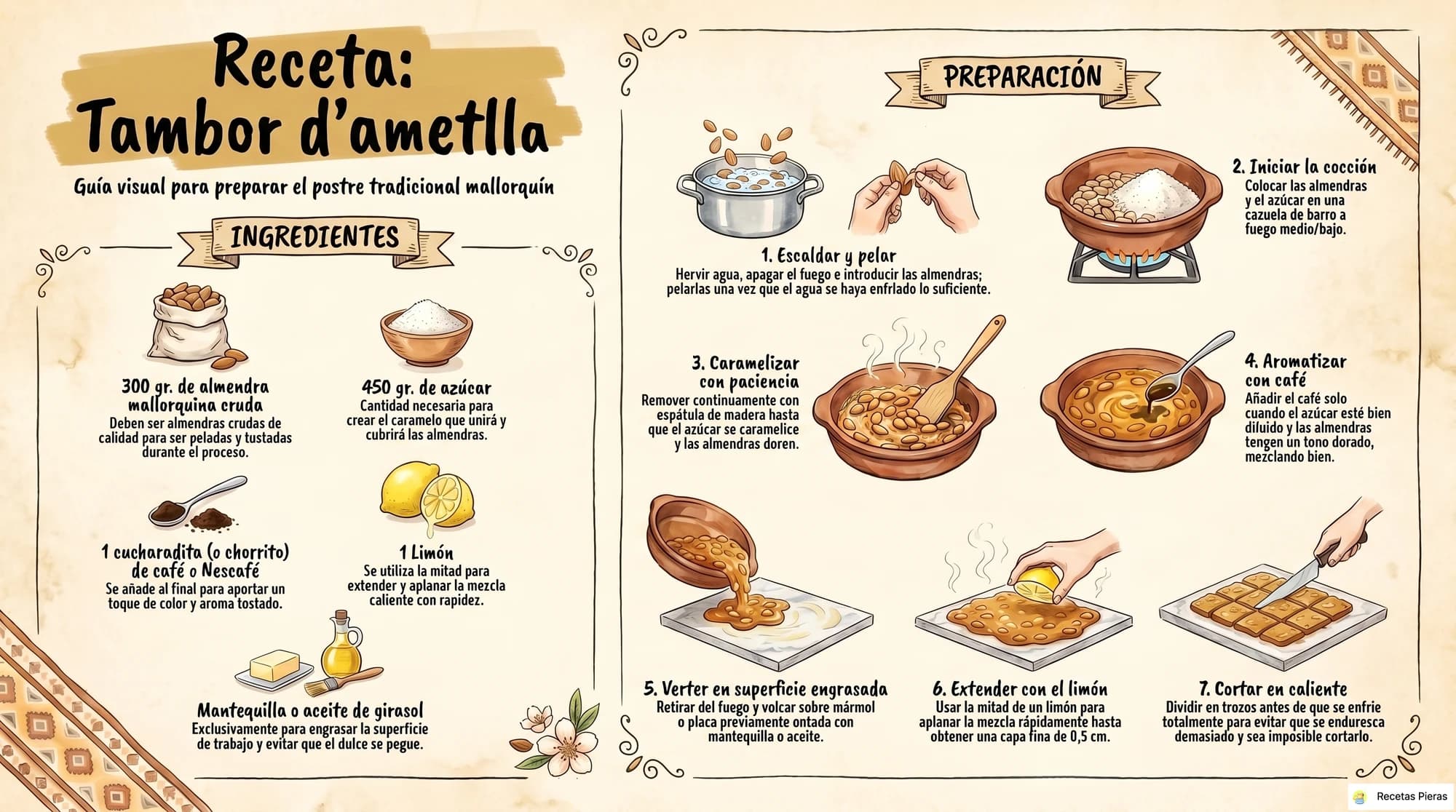 Infografía con los ingredientes y la preparación de Tambor d’ametlla