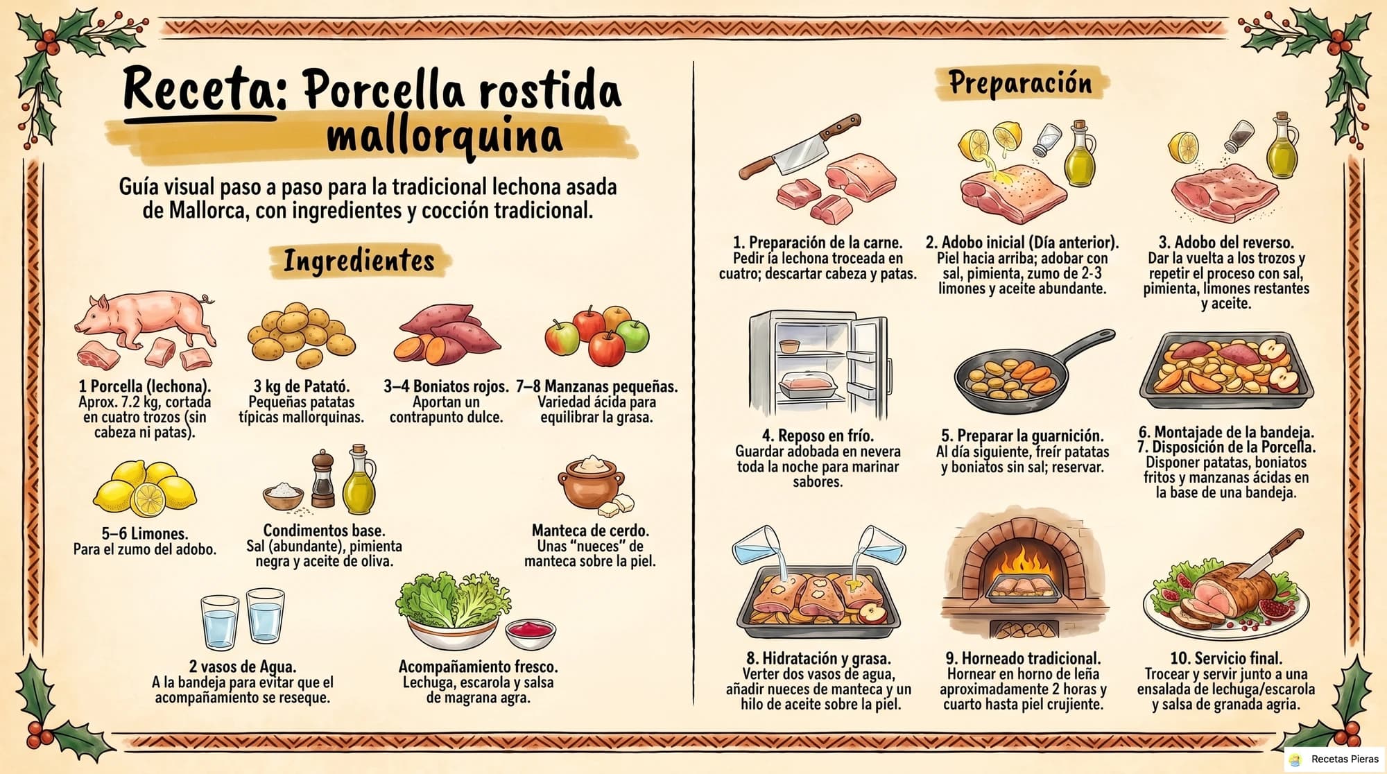 Infografía con los ingredientes y la preparación de Porcella rostida (lechona asada)