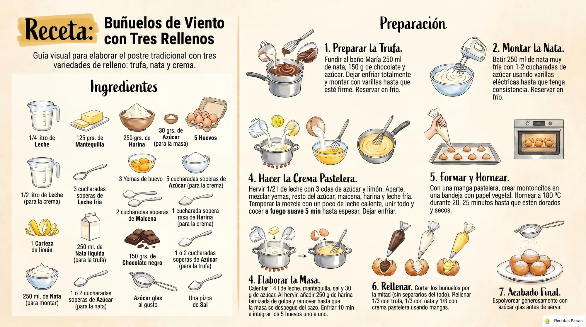 Infografía con los ingredientes y la preparación de Buñuelos rellenos de trufa, crema y nata