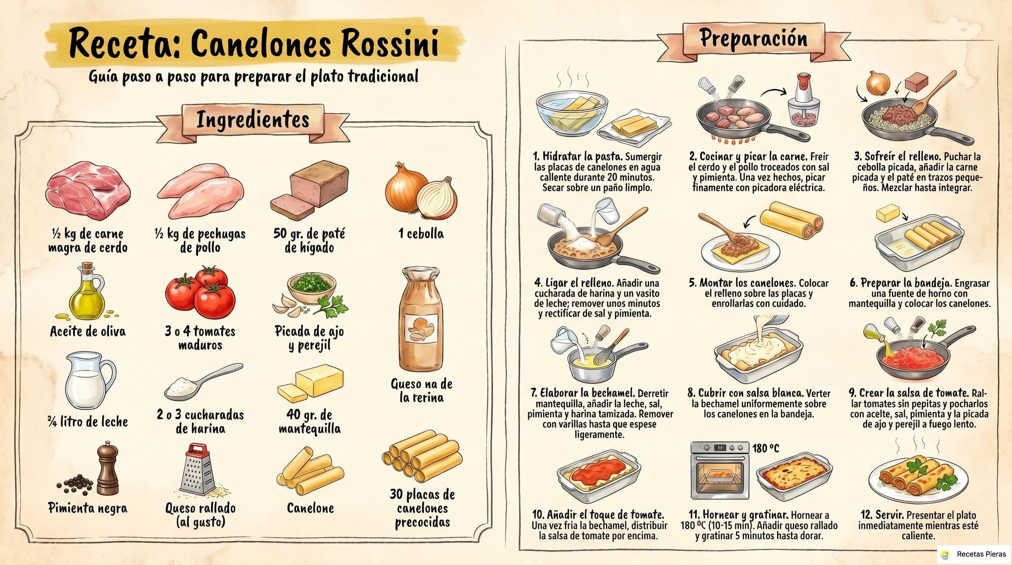Infografía con los ingredientes y la preparación de Canelones rossini