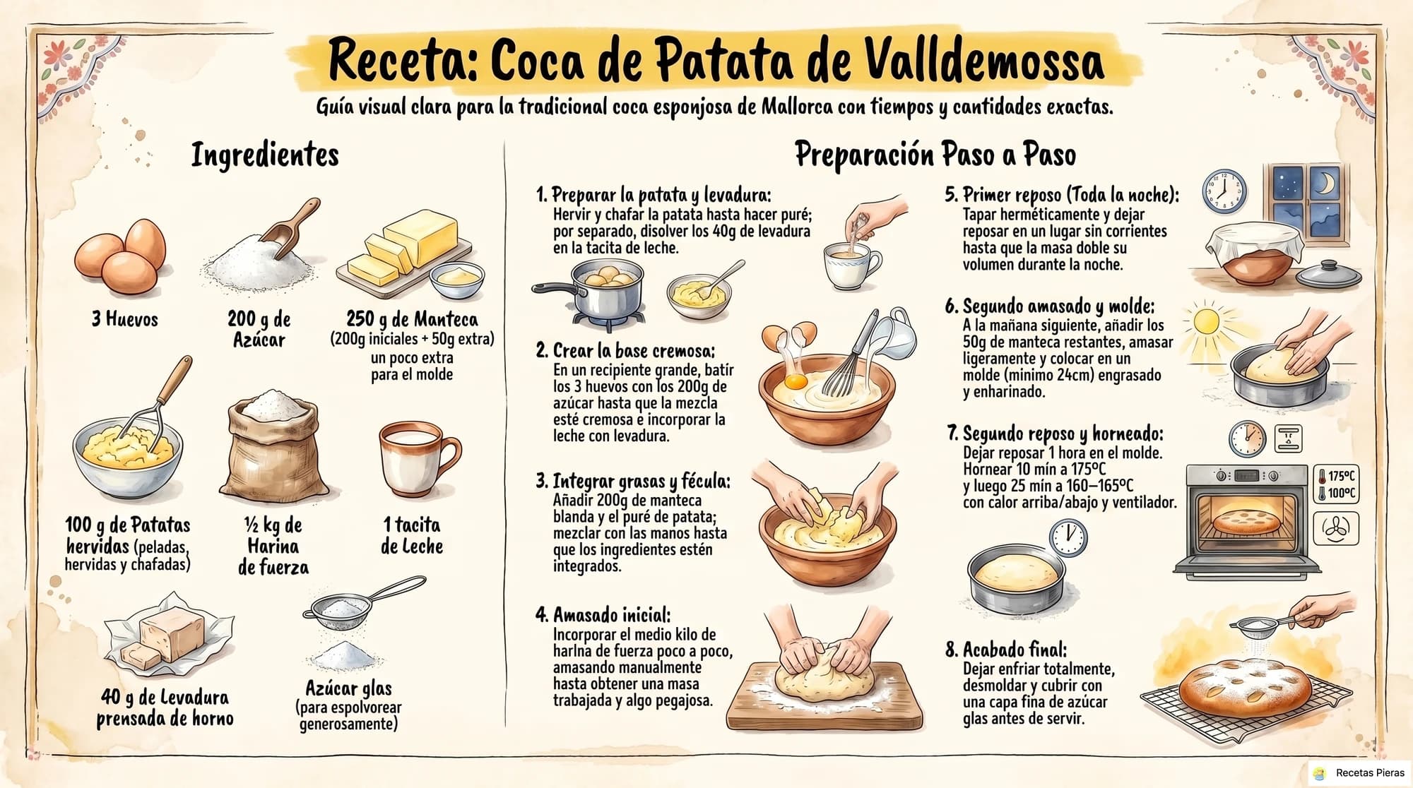 Infografía con los ingredientes y la preparación de Coca de patata