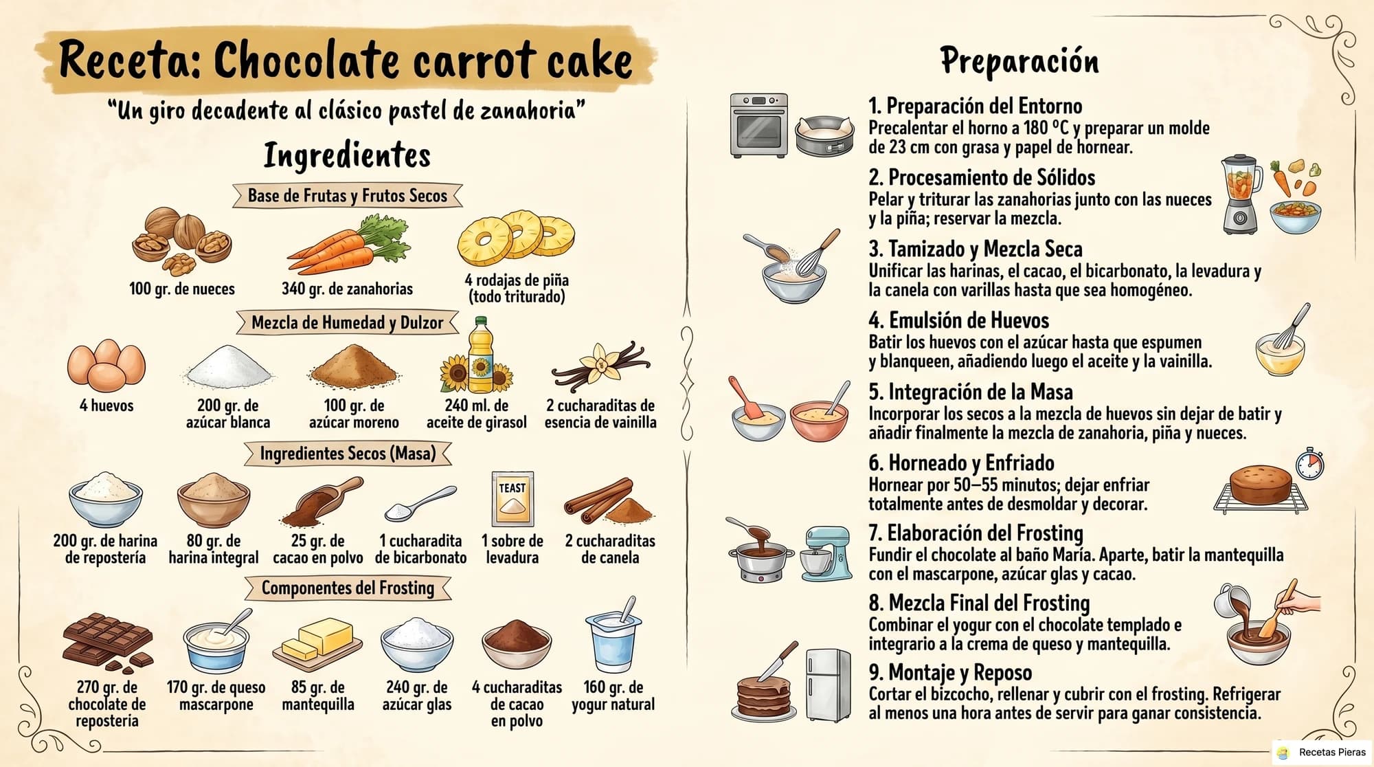 Infografía con los ingredientes y la preparación de Chocolate carrot cake
