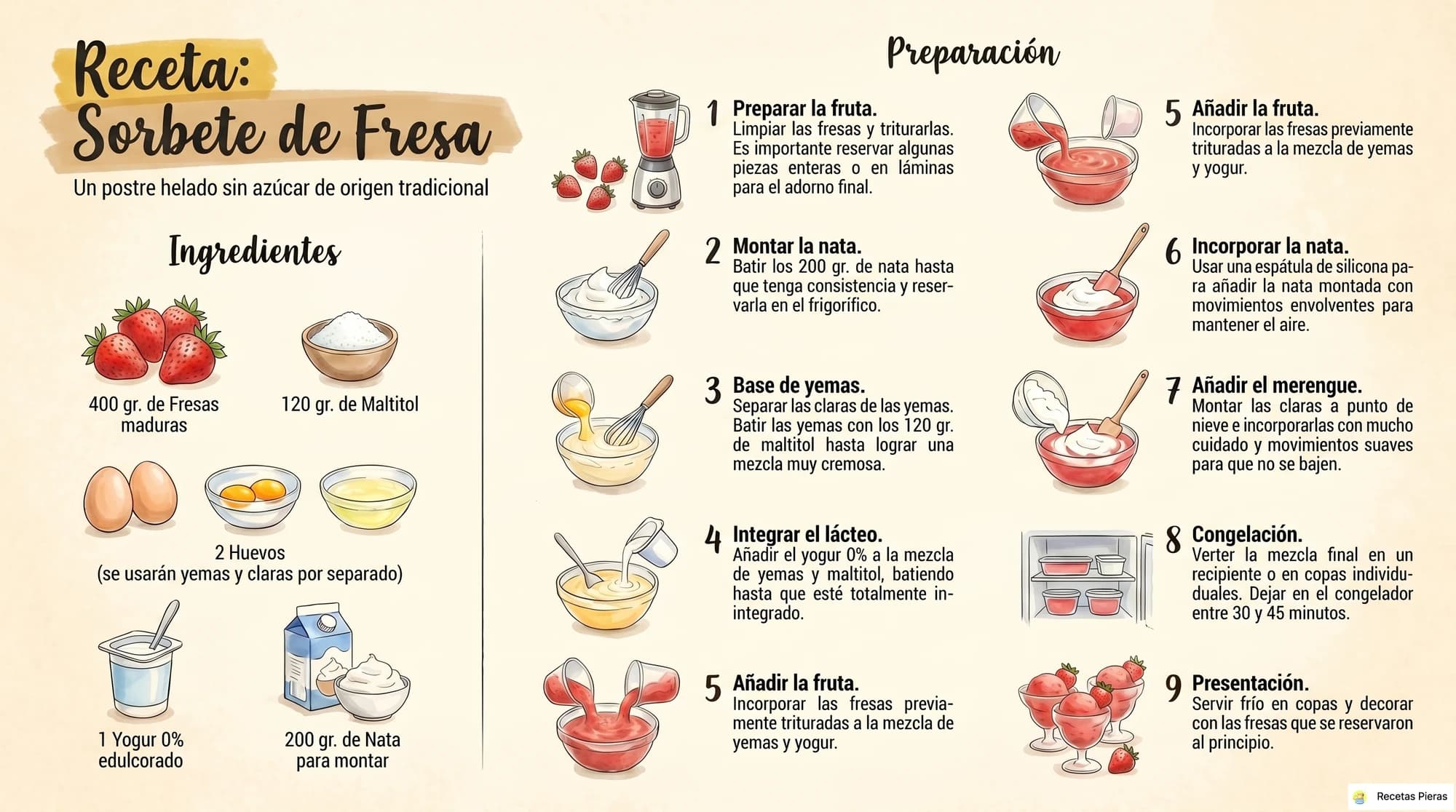 Infografía con los ingredientes y la preparación de Sorbete de fresa