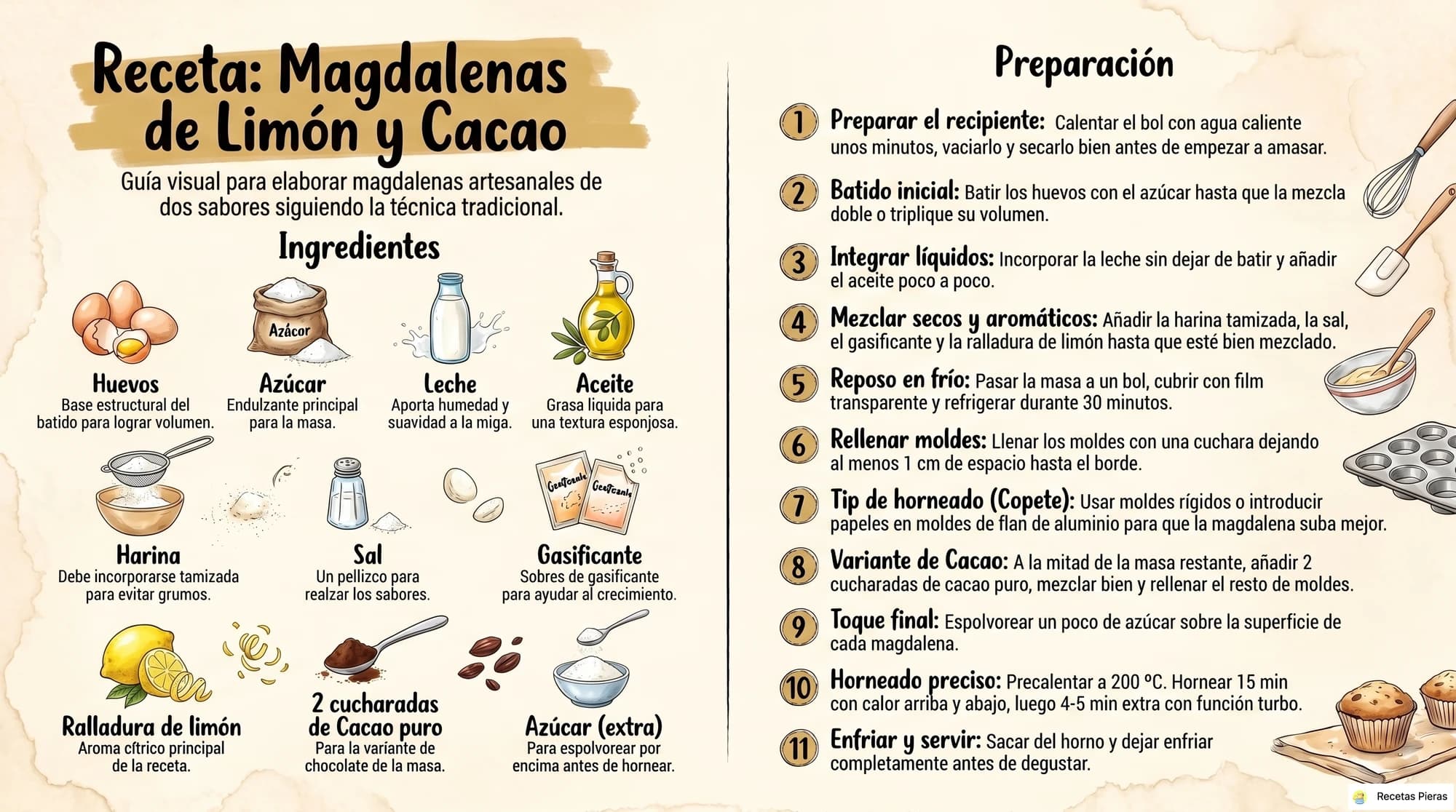 Infografía con los ingredientes y la preparación de Magdalenas de limón