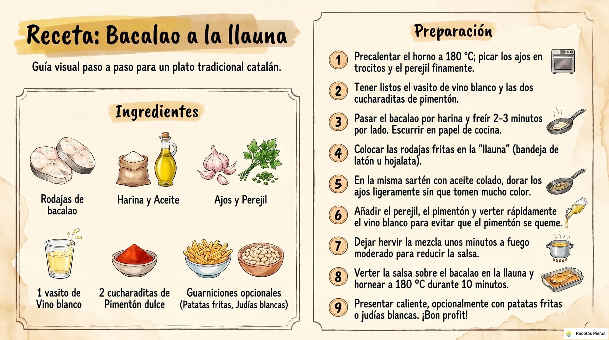 Infografía con los ingredientes y la preparación de Bacalao a la llauna