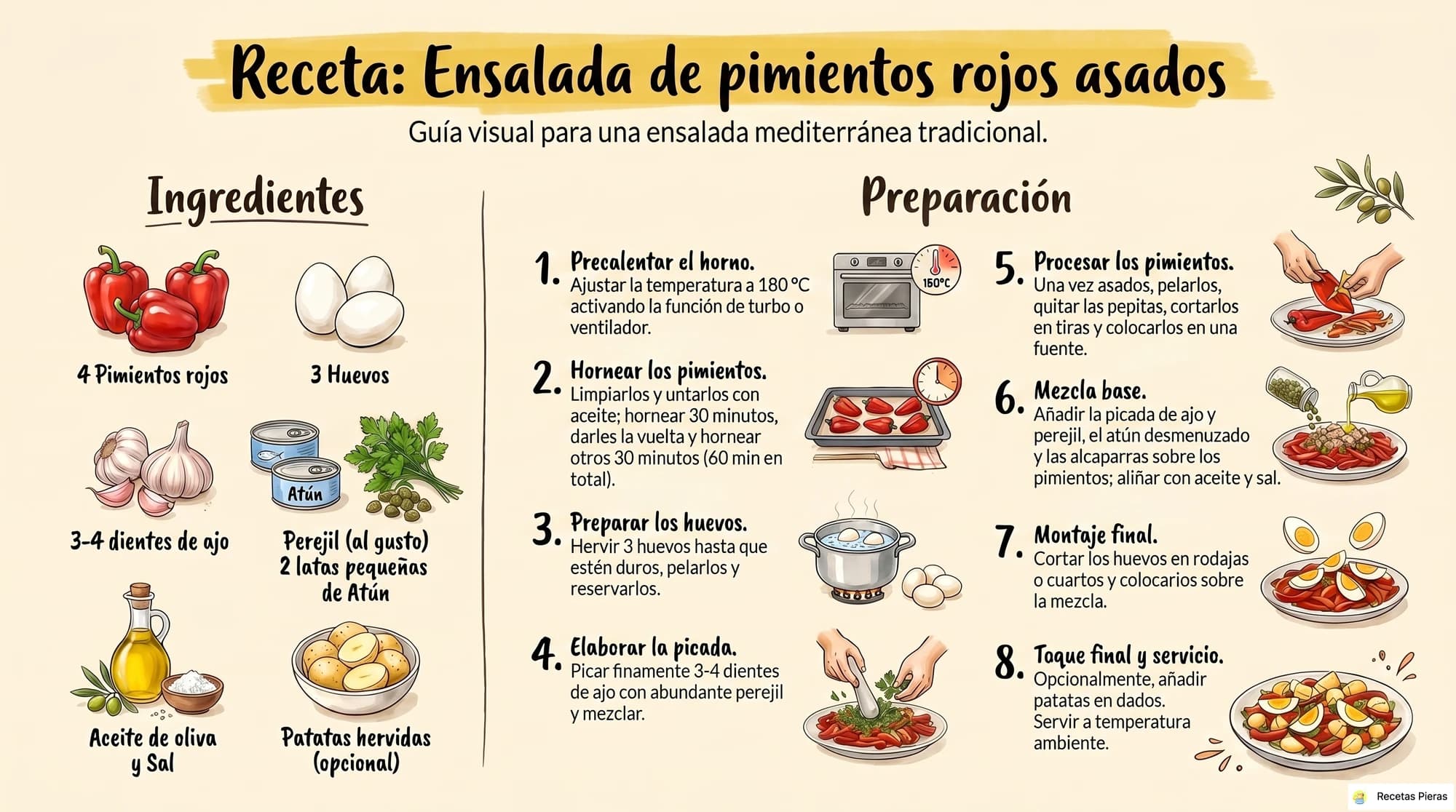 Infografía con los ingredientes y la preparación de Ensalada de pimientos rojos asados