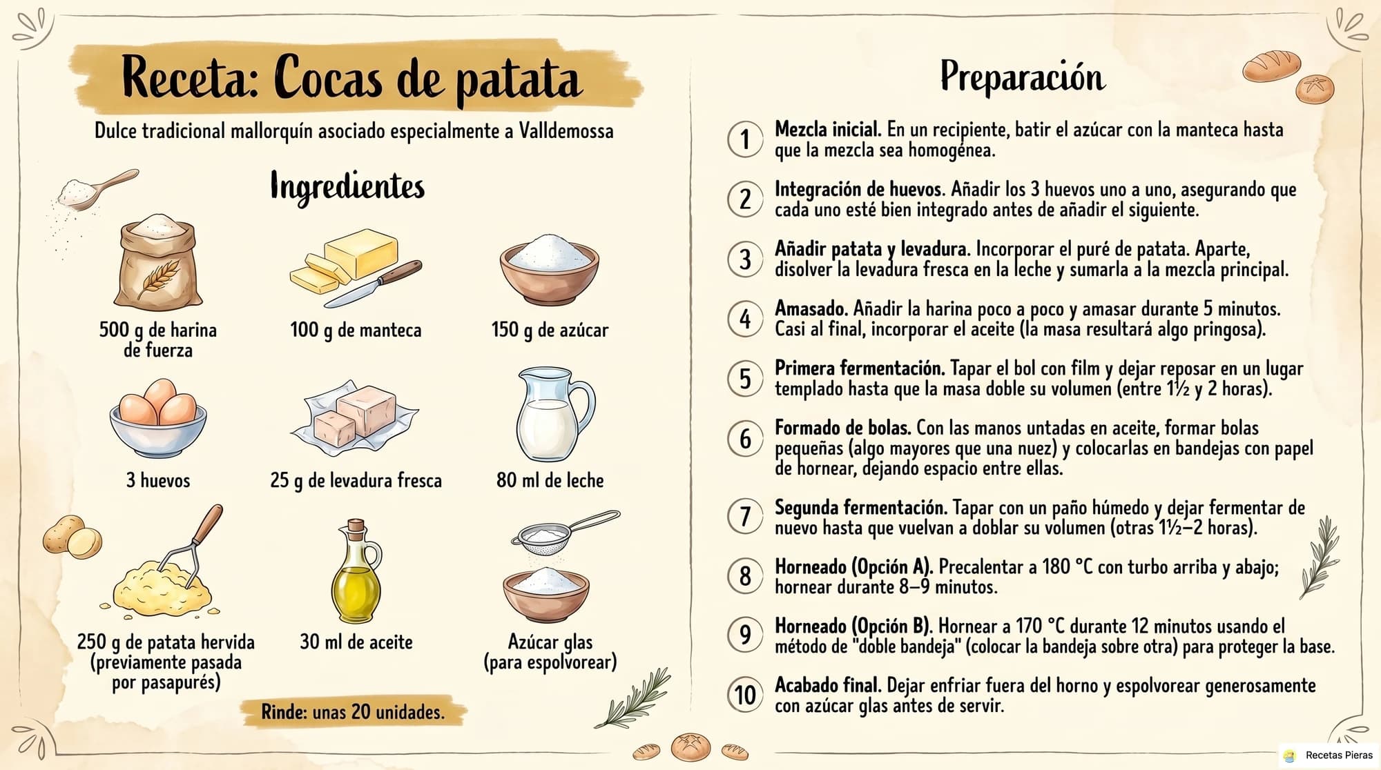 Infografía con los ingredientes y la preparación de Cocas de patata