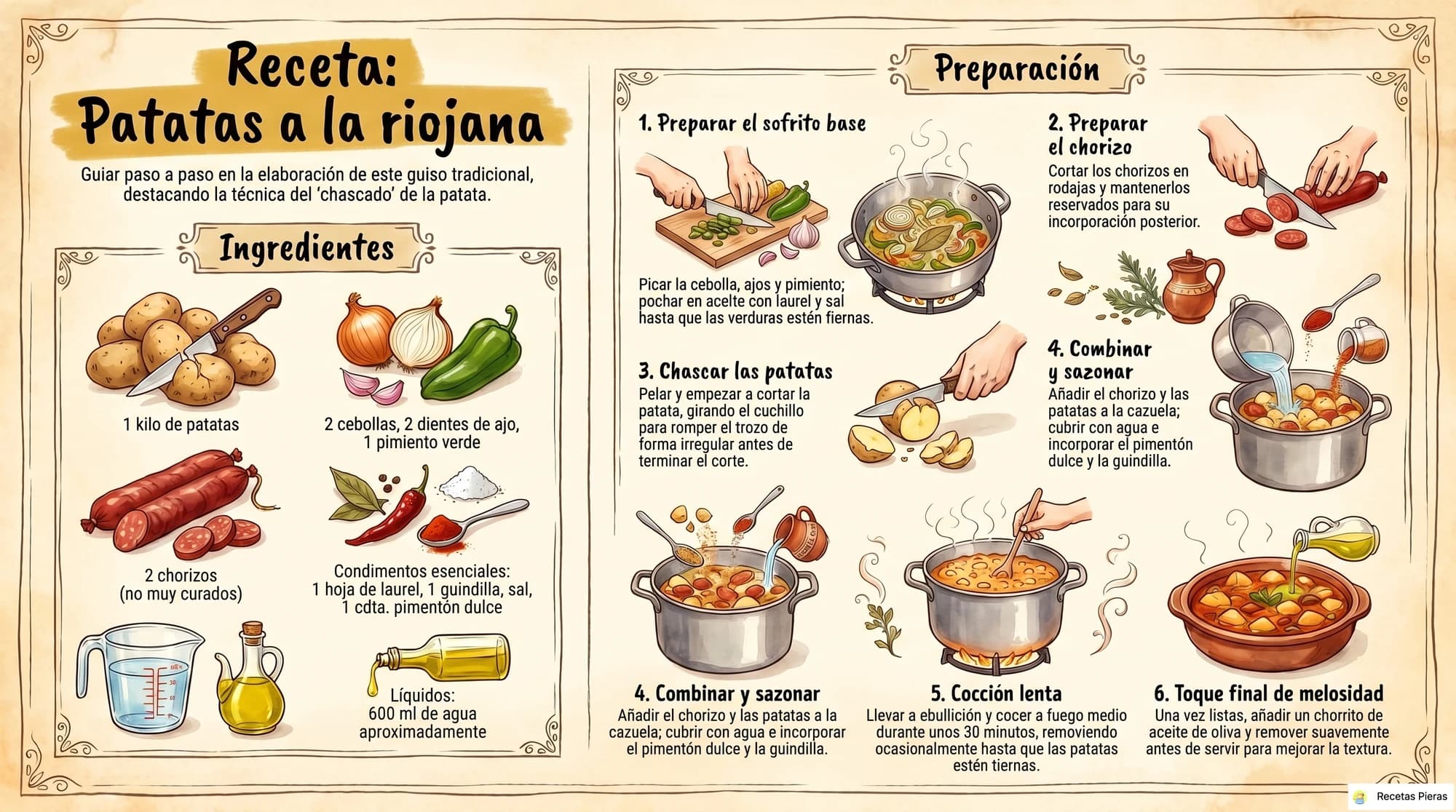 Infografía con los ingredientes y la preparación de Patatas a la riojana