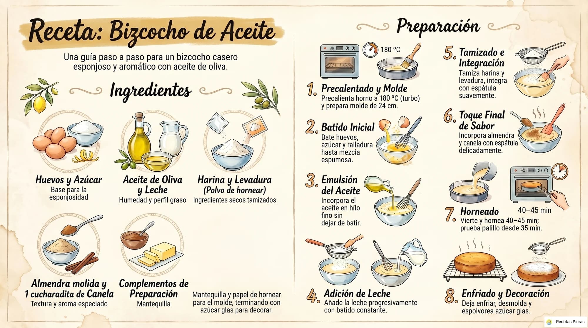 Infografía con los ingredientes y la preparación de Bizcocho de aceite