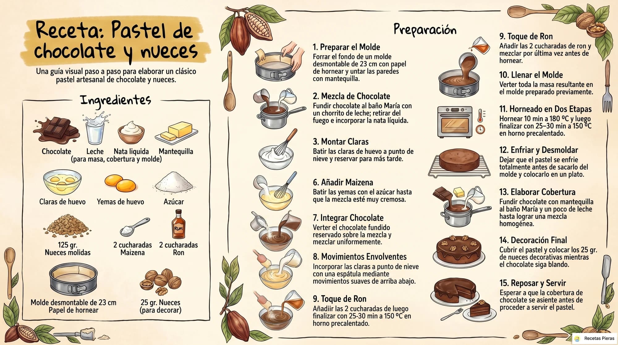 Infografía con los ingredientes y la preparación de Pastel de chocolate y nueces