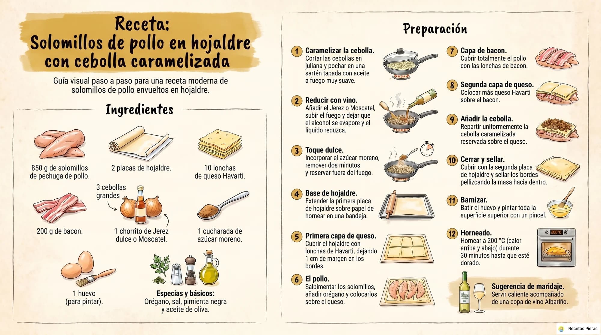 Infografía con los ingredientes y la preparación de Solomillos de pollo en hojaldre
