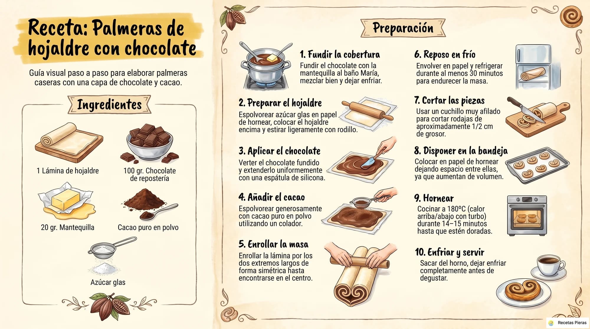 Infografía con los ingredientes y la preparación de Palmeras de hojaldre con chocolate